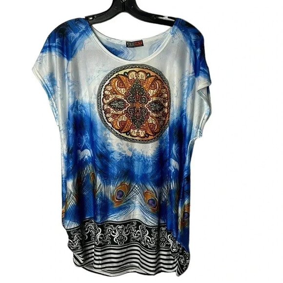 Vtg Y2K SPORT  WORLD BLUE tunic,women one size,blue,shirred,beads,boho,coastal - Picture 2 of 10